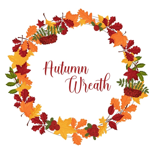 Corona de otoño con hojas de roble de arce y bayas silvestres con espacio para texto Ilustración vectorial fondo blanco aislado