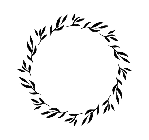 Corona de primavera floral dibujada a mano aislada silueta de fondo blanco círculo de hojas dibujo de marco