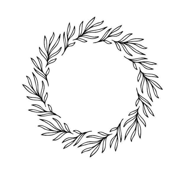 Corona de primavera floral dibujada a mano aislada silueta de fondo blanco círculo de hojas dibujo de marco