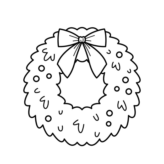Corona de puerta de Navidad Decoración navideña dibujada a mano Ilustración vectorial en estilo de línea de garabatos