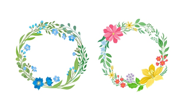 Corona de rama de flor en flor y follaje como conjunto de composición vectorial de la naturaleza