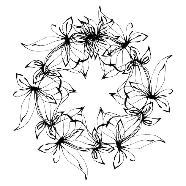 Corona de ramas con hojas y flores Garabato decorativo de contorno aislado vectorial