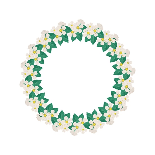 Corona redonda de cerezo o manzano Marco con flores blancas Composición floreciente de primavera con brotes y hojas Decoración festiva para postal y diseño de bodas Ilustración plana vectorial
