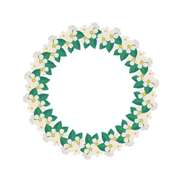 Corona redonda de cerezo o manzano marco con flores blancas composición floreciente de primavera con brotes y hojas decoración festiva para postal y diseño de bodas ilustración plana vectorial