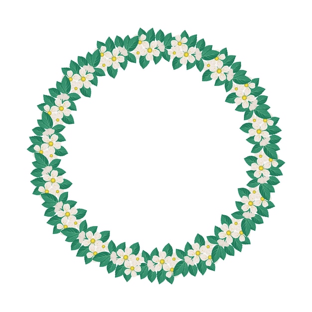 Corona redonda de cerezo o manzano Marco con flores blancas Composición floreciente de primavera con brotes y hojas Decoración festiva para postal y diseño de bodas Ilustración plana vectorial