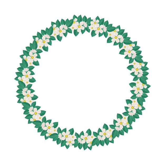 Corona redonda de cerezo o manzano marco con flores blancas composición floreciente de primavera con brotes y hojas decoración festiva para postal y diseño de bodas ilustración plana vectorial