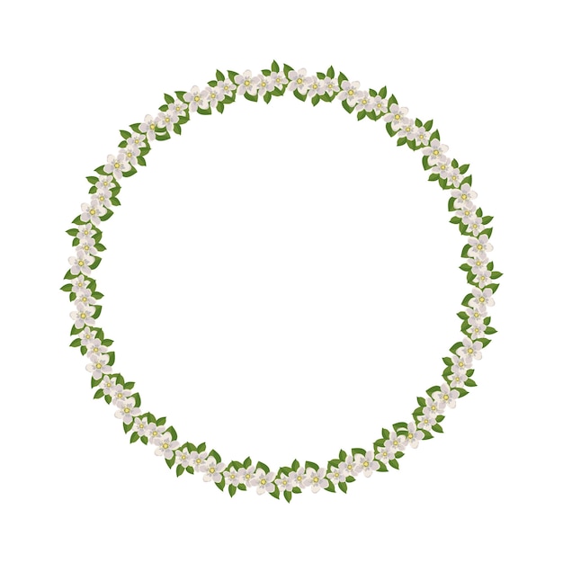Corona redonda de cerezo o manzano Marco con flores blancas Composición floreciente de primavera con brotes y hojas Decoración festiva para postal y diseño de bodas Ilustración plana vectorial
