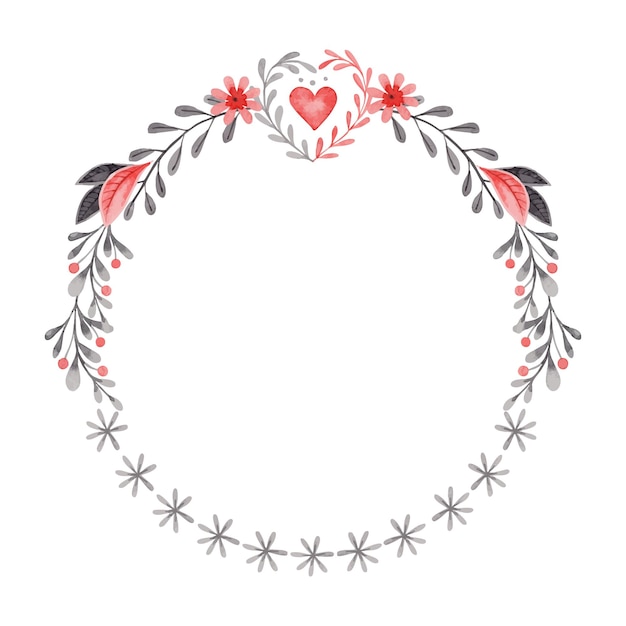 Corona redonda con corazón y ramas en estilo popular ilustración estilizada en colores rojo y gris para