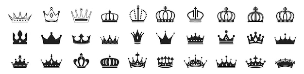 Corona rey mega conjunto de iconos Rey real corona reina princesa tiara diadema príncipe coronas silueta logo vector