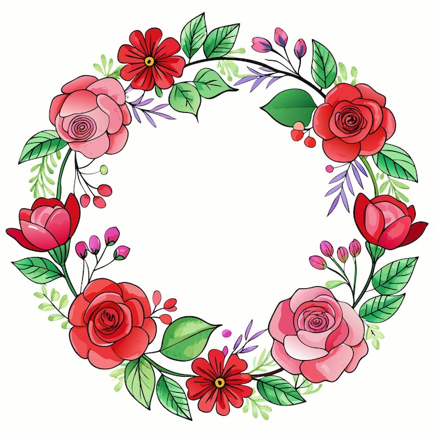 una corona de rosas y hojas con un círculo de flores