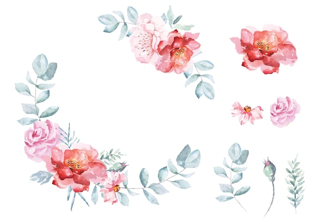 Corona de rosas pintada en acuarelaArreglos florales para invitación de boda o tarjetas de felicitación