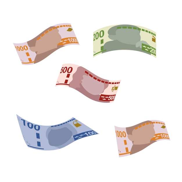 Corona sueca Vector Ilustración Suecia dinero conjunto paquete de billetes Caída de dinero volador kr
