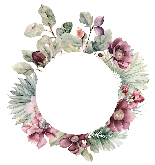 Corona tropical de acuarela con flores blancas y hojas de palma verdes ilustración aislada