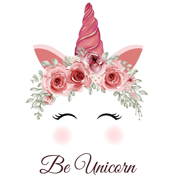 Corona de unicornio de acuarela con flores rosas