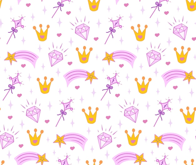 Corona. varita mágica, patrón de diamantes sin fisuras para la pequeña princesa. Fondo para diseño, sitio web, textil, tela, tarjeta y papel de regalo. Impresión de niña.