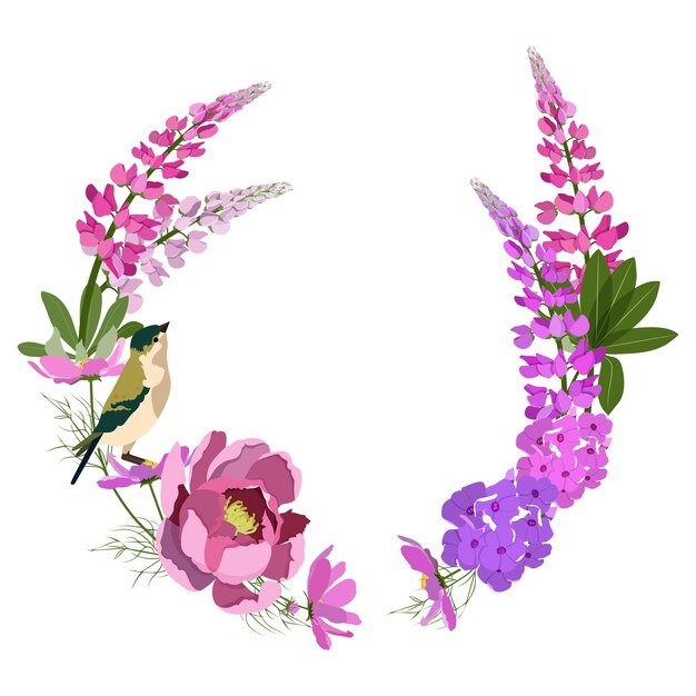 Corona vectorial decorativa de flores de jardín, peonías lupinas, flores kosmea y pájaros con lugar para el texto en un fondo aislado para decorar postales, invitaciones, diseño web