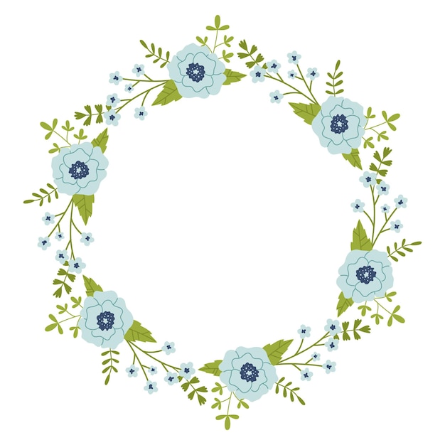 Corona vectorial con hojas verdes y flores azules Marco floral para celebraciones Espacio de copia de borde redondo de flores Diseño romántico para tarjetas de felicitación e invitaciones Plantilla de texto con flores azules