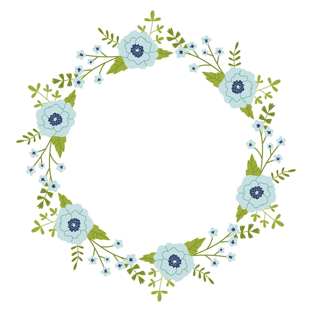 Corona vectorial con hojas verdes y flores azules Marco floral para celebraciones Espacio de copia de borde redondo de flores Diseño romántico para tarjetas de felicitación e invitaciones Plantilla de texto con flores azules