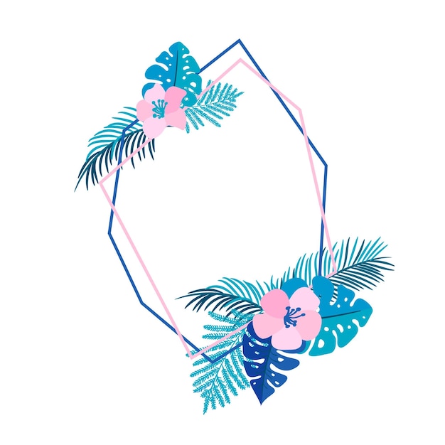 Corona de verano geométrica con flor de palmera tropical y lugar para texto Marco de jardín de vector abstracto de hierba plana