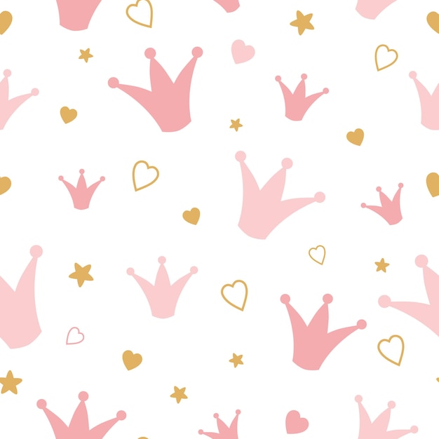 Coronas y corazones repetidos dibujados a mano Lindo patrón sin costuras para niñas Dibujo garabato garabato Impresión de niña sin fin Ilustración de vector femenino Fondo transparente de vector de chica romántica