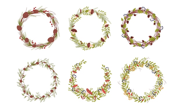 Coronas decorativas con ramas enredadas con set vectorial de setas de setas y conos de abeto