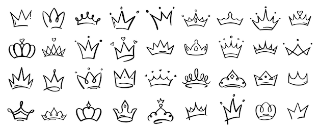 Coronas dibujadas a mano, incluyendo majestuosas coronas de rey y reina, cada una encarnando la elegancia real y el talento artístico.
