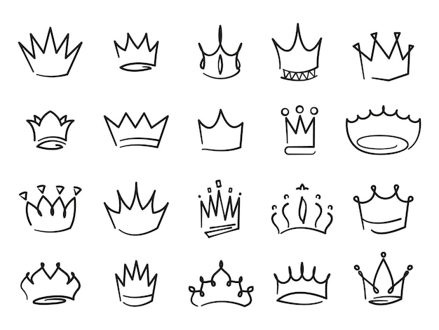 Coronas Doodle Coronas reales medievales con inscripciones y caligrafía dibujadas a mano iconos de monarca de joya de lujo para el diseño del logotipo Conjunto vectorial de ilustración real de reina medieval