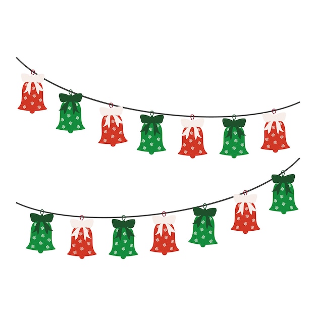 Coronas festivas de Navidad con medias campanas árboles y regalos luces y banderas de fiesta de Año Nuevo