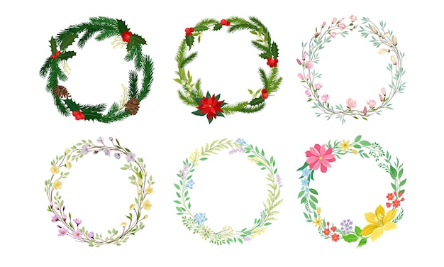 Coronas florales con ramas de abeto ramas verdes y flores conjunto vectorial