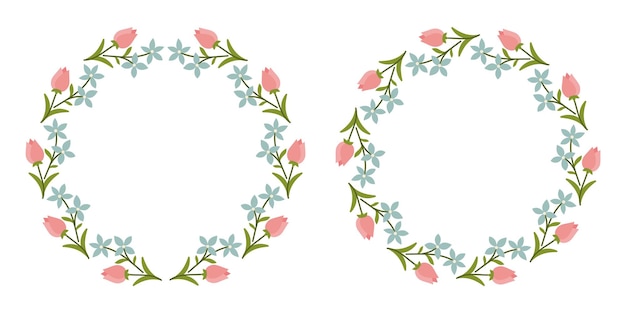 Coronas florales con tulipanes rosados y flores azules para invitaciones de boda tarjetas de felicitación de Pascua y