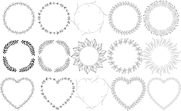 Coronas florales vectoriales con flores de ilustración dibujadas a mano para la colección de diseño de moda y bodas