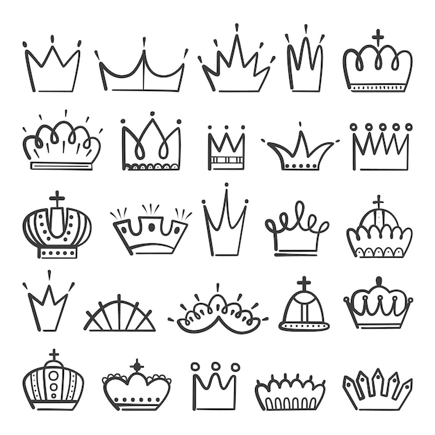 Coronas de garabatos aislados princesa corona príncipe rey tiara elementos reales de negocios aislados dibujado a mano reina línea logo decoraciones niñas cabeza vector conjunto de corona de rey y reina ilustración