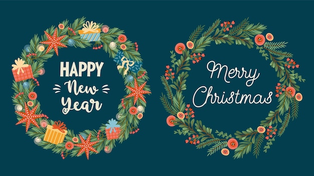 Coronas de Navidad y Feliz Año Nuevo Coronas de árbol de Navidad bombillas de decoración Símbolos de Año Nuevo plantilla vectorial