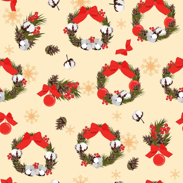 Coronas navideñas sobre un fondo beige decoradas con bolas de piñas y cápsulas de algodón Ilustración vectorial perfecta para decorar textiles y papel