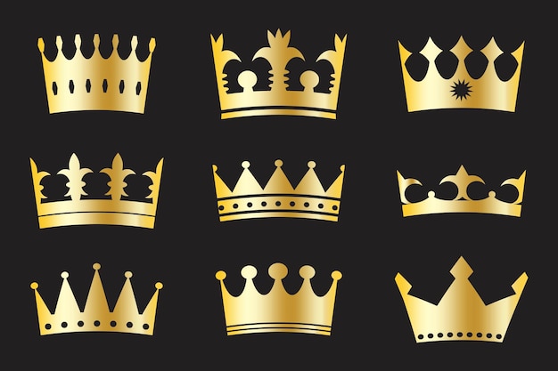 Coronas de oro Tiaras reales de oro sobre un fondo negro Conjunto de tocados reales Lujosa insignia de poder