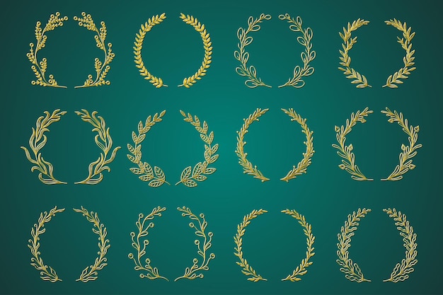 Coronas de ramas ornamentales de oro en diseño dibujado a mano Corona de hojas de laurel y paquete de ramas decorativas Diferentes tipos de ramitas de hierbas y plantas elementos de viñetas de rizos Decoración vectorial