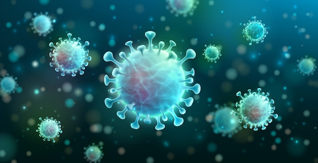 Vector coronavirus 2019-ncov y fondo de virus con células de la enfermedad. brote del virus de la corona covid-19 y concepto de riesgo de salud médica pandémica