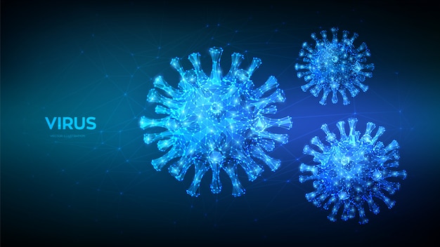 Coronavirus 2019-nCov novela coronavirus bajo poli abstracto concepto. Vista microscópica de las células del virus de cerca.