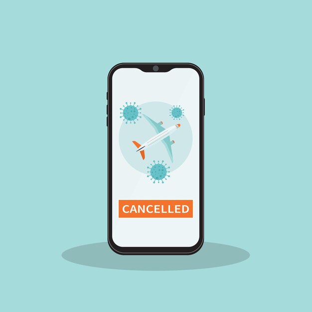 Coronavirus. Cancelación de vuelos por contagio de coronavirus. Notificación en el teléfono móvil sobre la cancelación del vuelo.