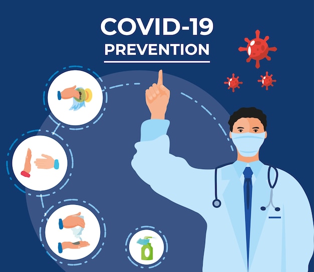 Coronavirus covid 19, médico que señala con el dedo a los métodos de prevención ilustración infográfica