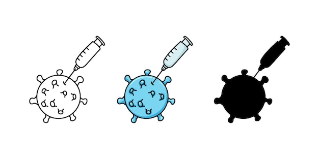 Coronavirus COVID19 virus con jeringa vacuna medicina garabato dibujos animados lineales para colorear