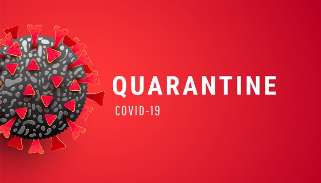 Vector coronavirus en cuarentena con células infectadas por virus sobre fondo rojo.