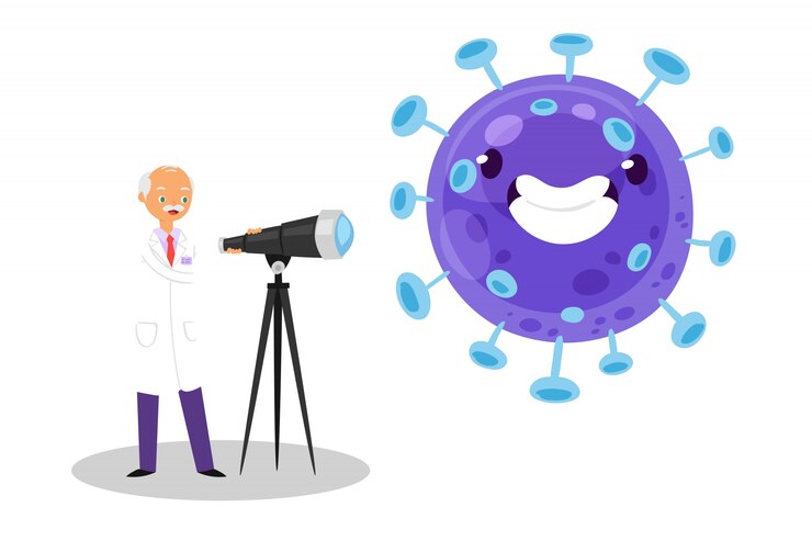 Vector coronavirus y doctor clothes explorando el virus de la gripe agrandada.