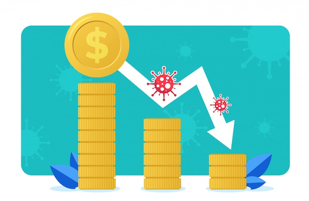 El coronavirus impacta gravemente en la economía global. montones de monedas con signo de dólar, línea de tendencia bajando y virus alrededor. la producción industrial, las ventas y la inversión caen debido a la pandemia de covid-19.