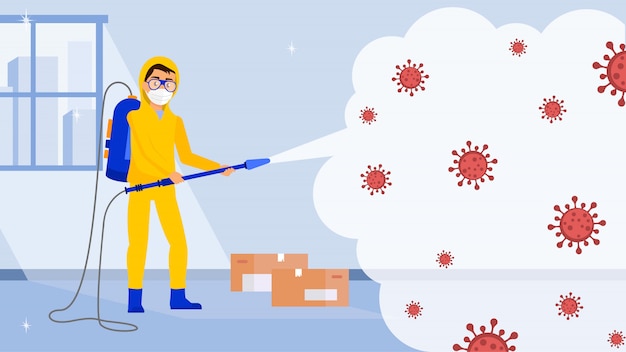 Coronavirus: un trabajador con traje de materiales peligrosos desinfecta la habitación