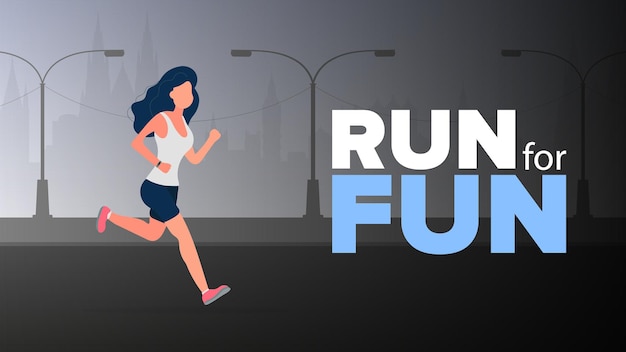 Corre por la bandera de la diversión. La niña corre. Una mujer en pantalones cortos y una camiseta está trotando. Vector.