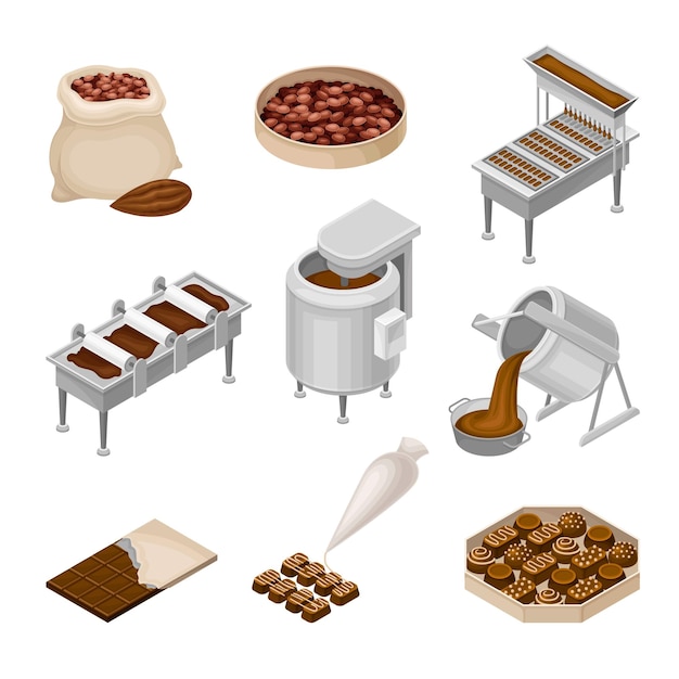 Correa transportadora con dulces de chocolate descansados en ella y granos de cacao como el principal ingrediente del conjunto vectorial