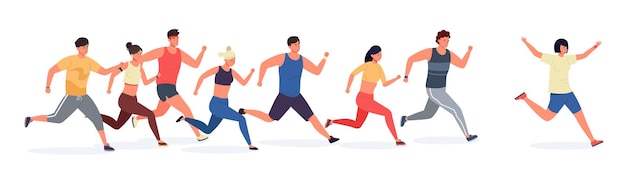 Corredor de dibujos animados Gente en ropa deportiva corriendo y trotando deporte atlético hombres y mujeres en entrenamiento grupal Ilustración vectorial