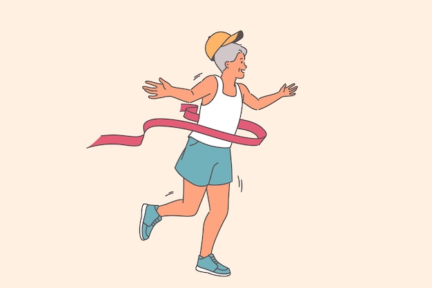 El corredor de edad avanzada con cinta de finalización gana el maratón entre los atletas de la categoría de edad
