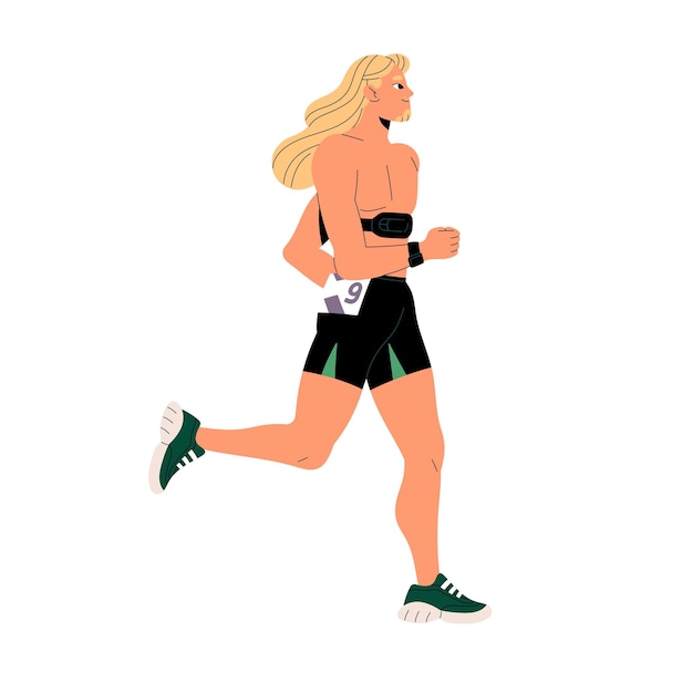 Corredor con monitor de frecuencia cardíaca con correa en el pecho hace entrenamiento de cardio Corredor con medidor de pulso en reloj inteligente hace jogging Atleta profesional hace entrenamiento deportivo Ilustración de vector aislado plano